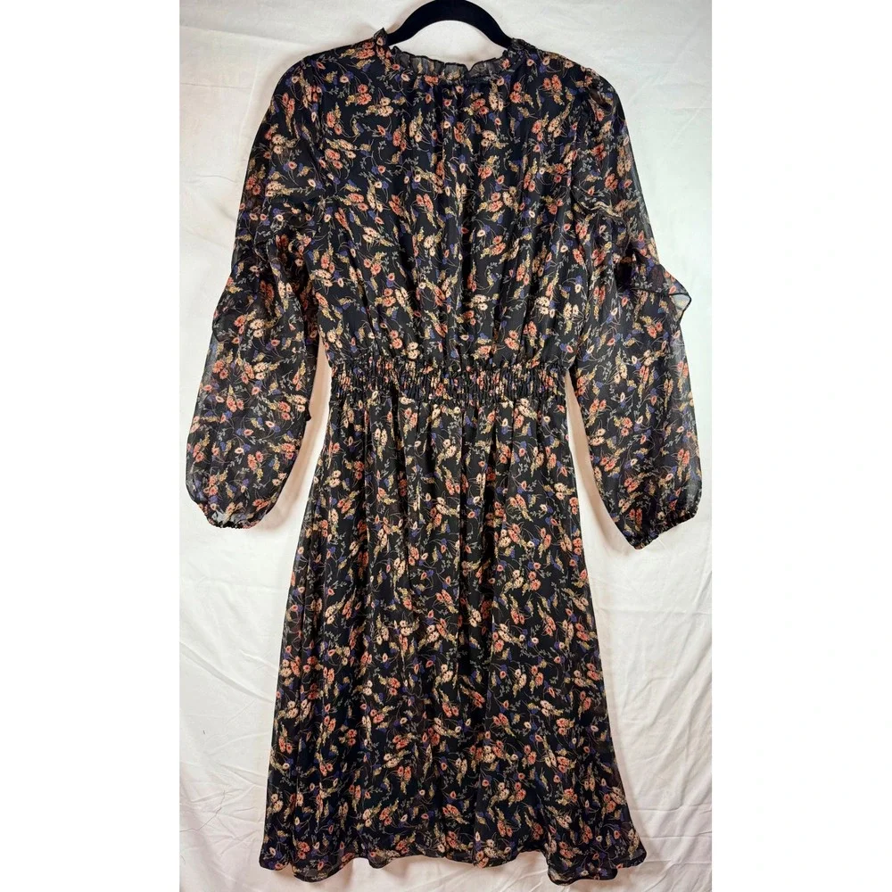 Dress Forum Floral Midi Dress Black Pink Blue Smocked Waist Ruffle sz S wedding‎